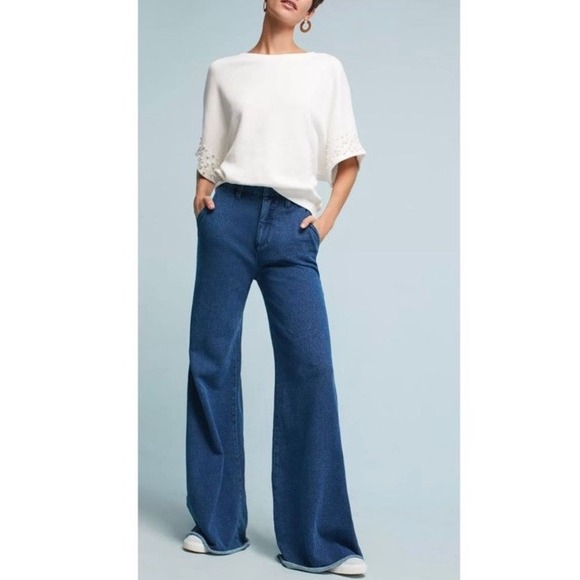 Anthropologie Denim Effect Soft Knit Wide Leg Jeans Women‎ 30 Flare - Picture 1 of 16